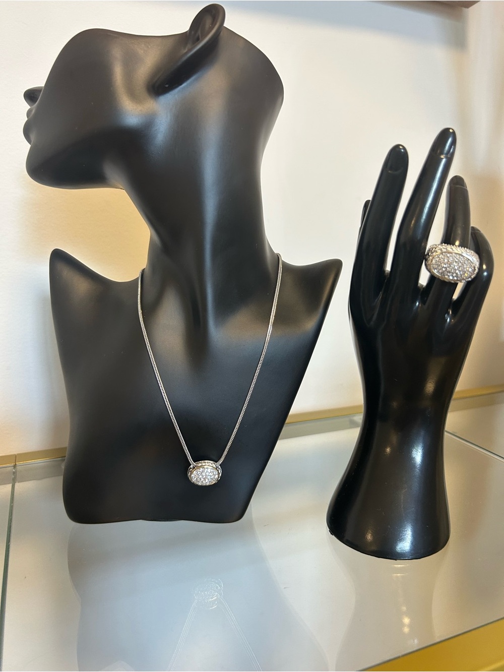 Silver/Gold Pavé Oval Pendant Necklace and Ring Set - Sparkling White Crystals